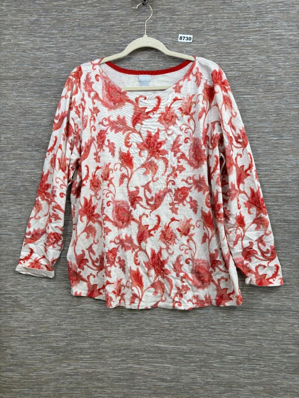 Chico's Knit Floral Sweater Womens Sz 4 US XXL Cream Red Long Sleeve Scoop-Neck